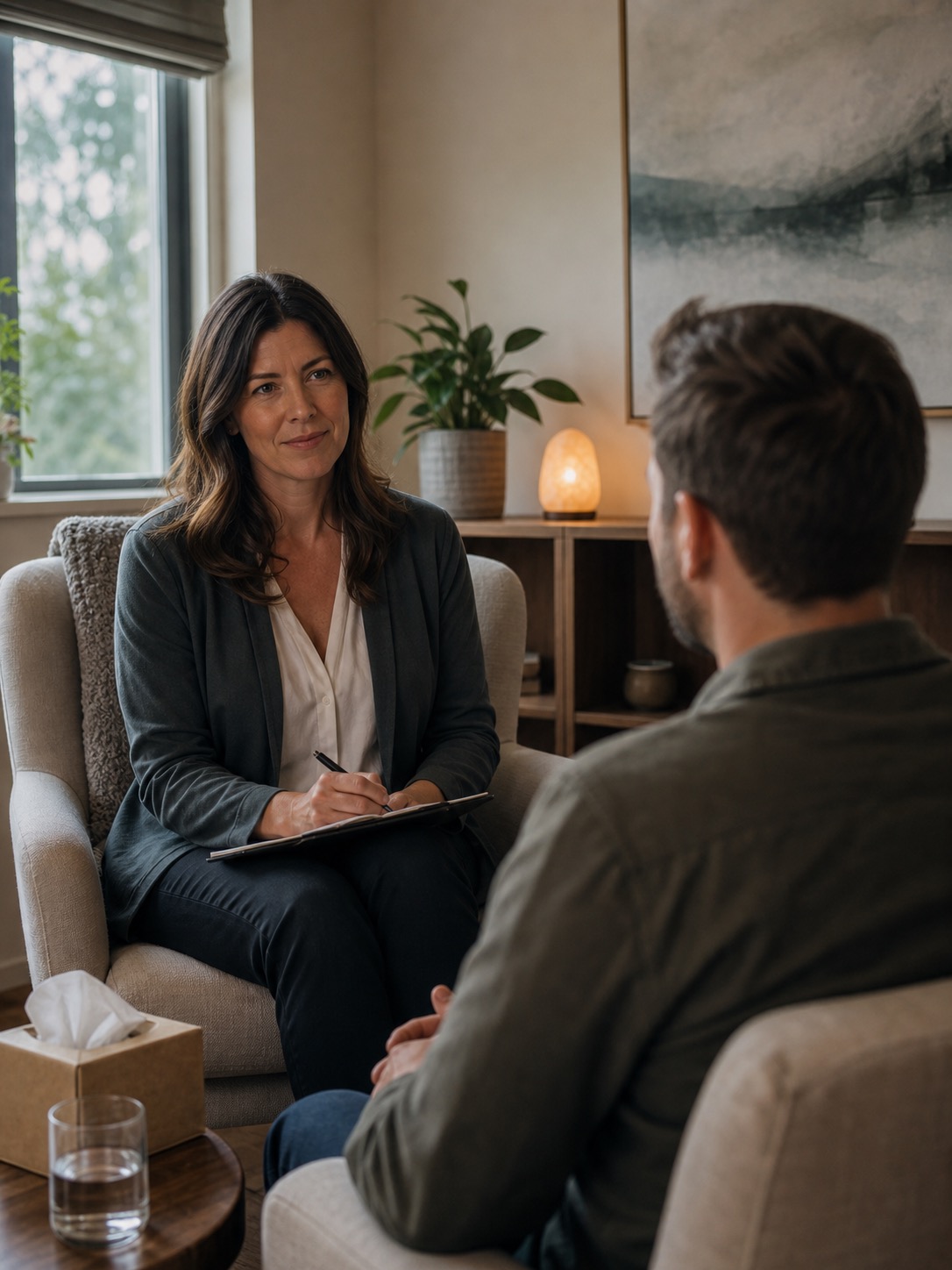 Counsellor and client in a calm, private therapy office in Langley BC